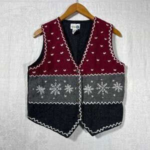 Vintage Sweater Vest Small Wool Blend Felt Gray Red Snowflakes Hearts PHD